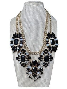 Gold Chain Black and White Statement Necklace - Women Jewelry
